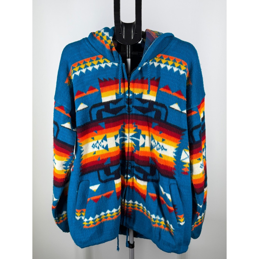 Camptex XL Wool Sweater Zip Up Hoodie Southwestern Geometric Blue Vintage Men